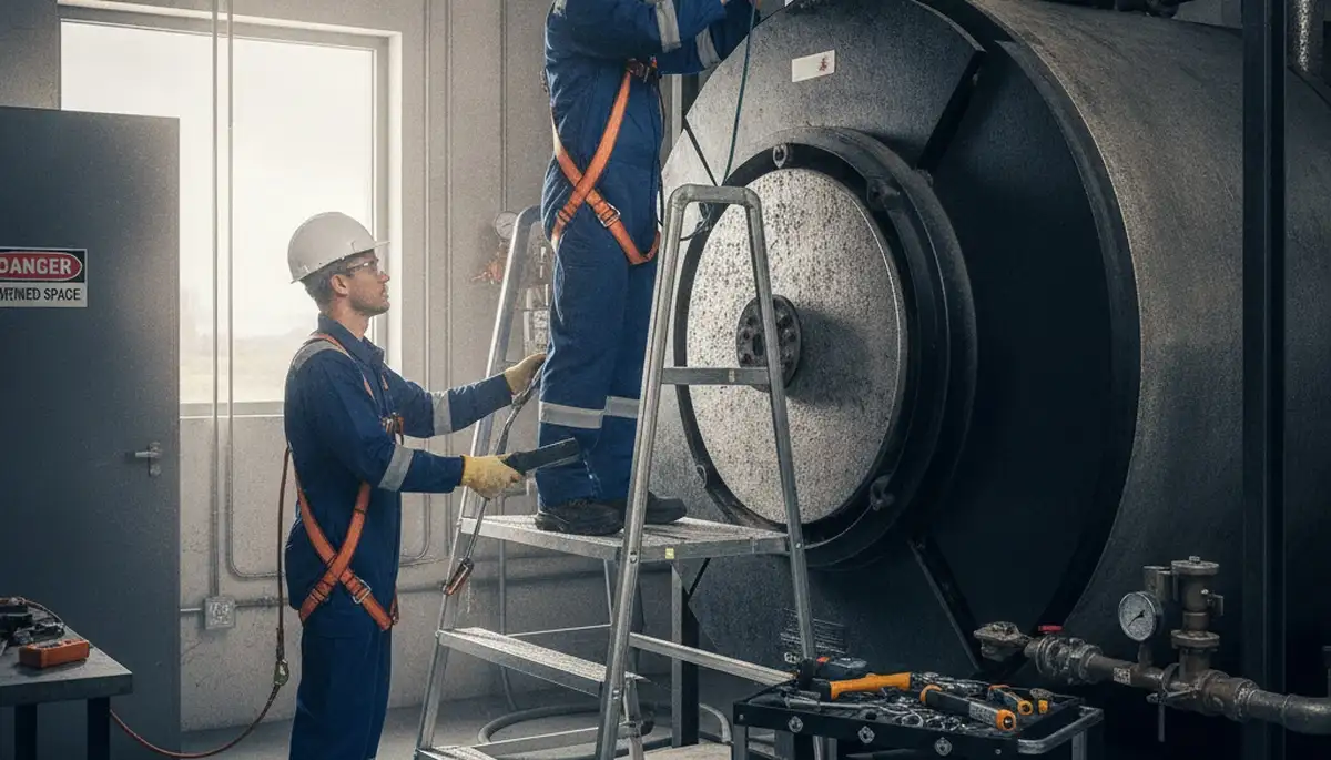 Boiler repair technician servicing a Las Vegas, NV home heating system